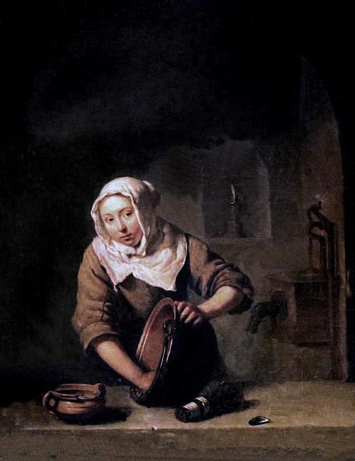 A Young Woman scouring a Copper Pot, 1664, Caspar Netscher