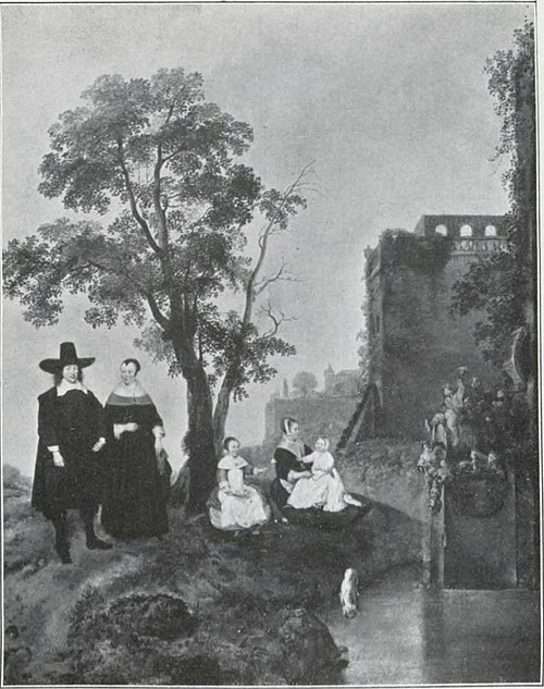 A family group near a château, 1660, Caspar Netscher