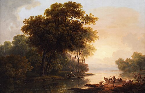 Landscape of trees with a view of a lake shore in the hazy late light, , Franz Scheyerer