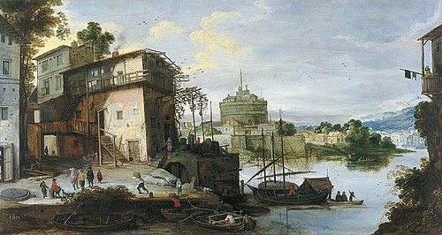 View of a River Port with Castel Sant'Angelo, Rome, 1550, Master of the Monogram IDM
