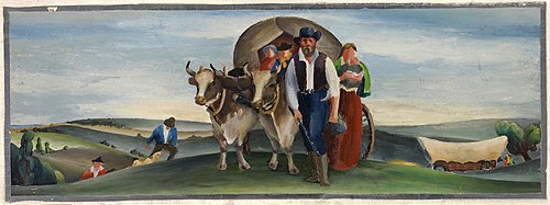 Pioneers Arriving in Marshall by Wagon Trains (mural study, Marshall, Minnesota Post Office), 1938, Henry Holmstrom