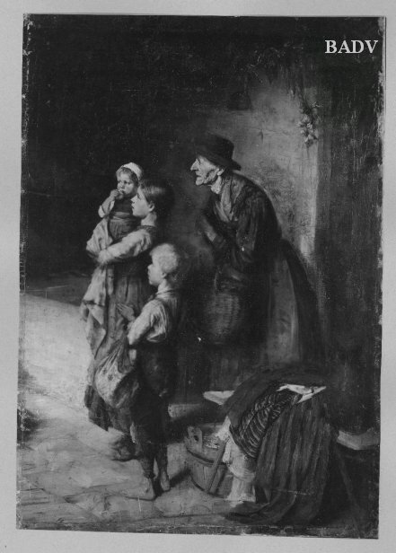 "Die Verwaisten", alte Frau mit drei Kindern bettelnd, 1840, Johann Georg Buchner