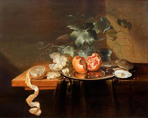 Still life with fruit, oysters and wine glass, 1646, Laurens Craen