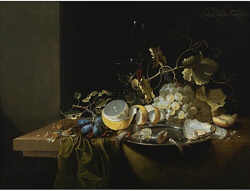 Still Life of Hazelnuts, Grapes, Oysters and Other Foods on a Draped Table, 1663, Laurens Craen