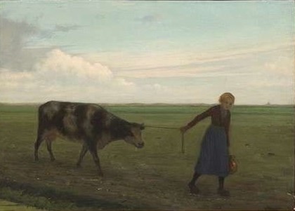 In een weids landschap leidt een boerin haar koe over het weiland., , Wilhelm Frederik Anton Pothast