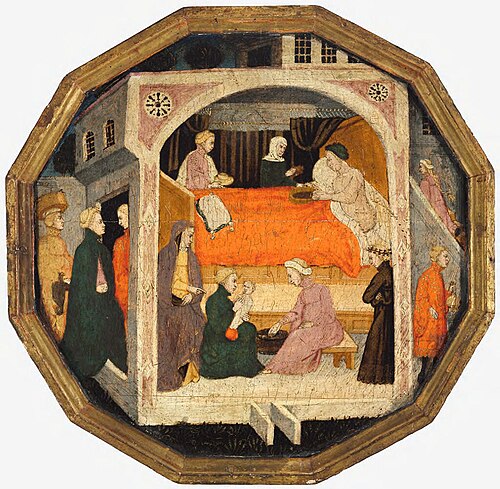 A Birth Scene (Desco da Parte), 1410, Meester van Charles van Durazz