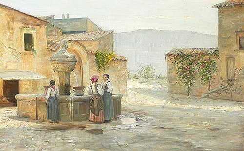 An Italian village with women at the fountain, 1916, Carl Holsøe