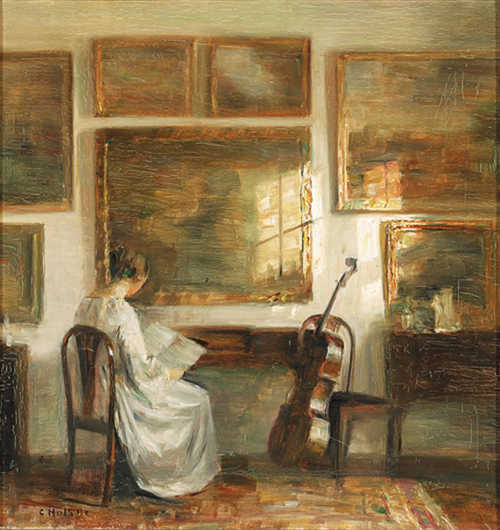 Woman at a table near a cello., 1881, Carl Holsøe