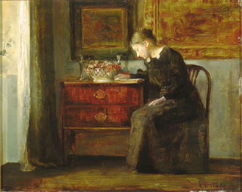 Interior with the artist's wife reading a book by the window., 1881, Carl Holsøe