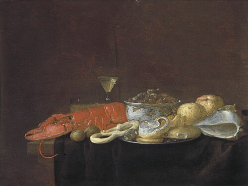 Table servie avec un homard, un coquillage, des verres et des fruits, 1650, Pieter van Overschee