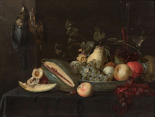 Cup of fruit on an entablature and hanging bird, 1650, Pieter van Overschee