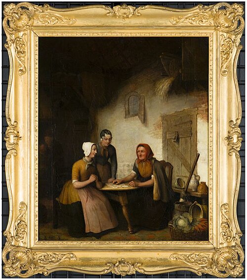 Gezicht in boerenkeuken met kaartlegster, 1864, Douwe Hansma