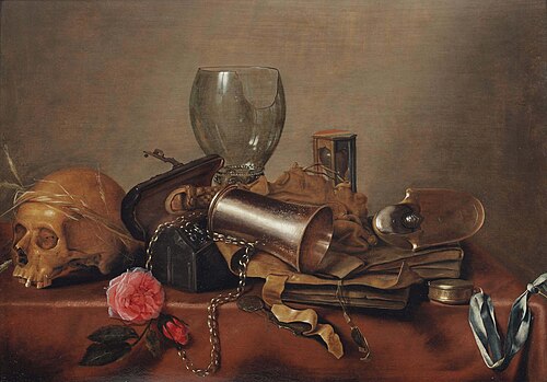Vanitas still life with a skull and a broken Roemer, 1635, Hendrick Andriessen