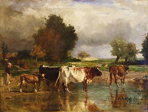 Vaches et veau à la mare, 1850, Constant Troyon