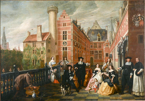 Portrait of a family with a royal prince in the courtyard of a palace in Brussels, 1666, Lancelot Volders