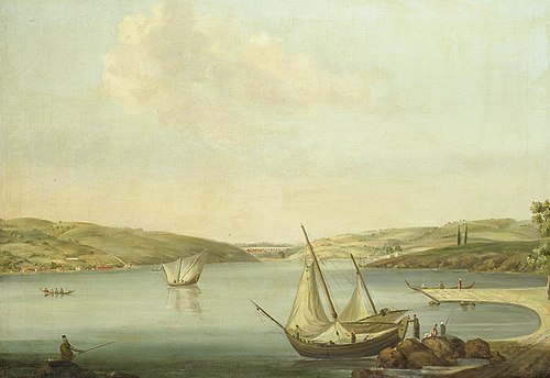 View of the Bosporus, taken from the Height of Beykoz to the northwest, with the Aqueduct of Justini, 1775, Jan van der Steen