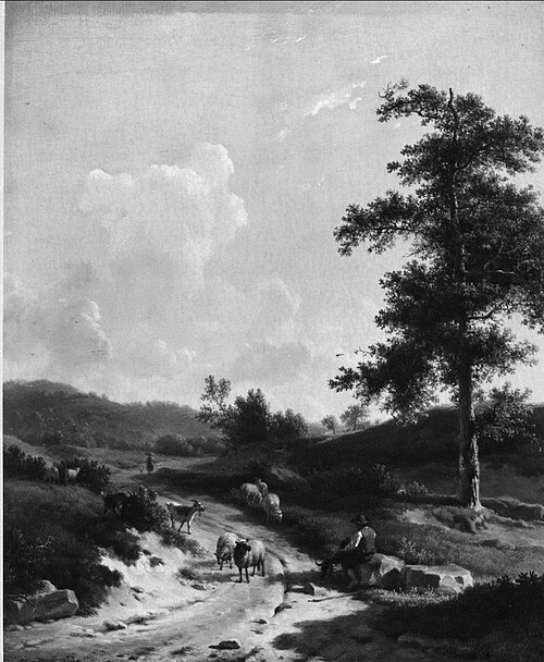 Een herder met schapen in een heuvelachtig landschap, 1822, Balthasar Ommeganck
