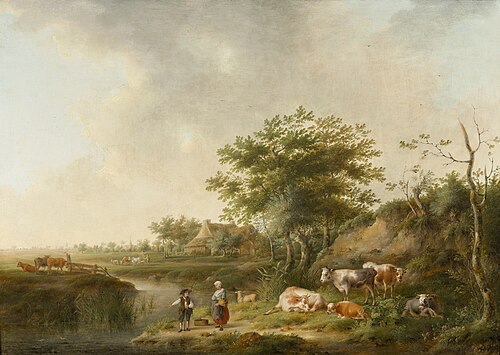 Landscape with farmhouse, cattle and an angler, 1750, Balthasar Ommeganck