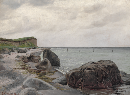 Strandparti ved Enø med store sten i forgrunden. I baggrunden vandet. Lys himmel med lette skyer., 1912, Laurits Andersen Ring