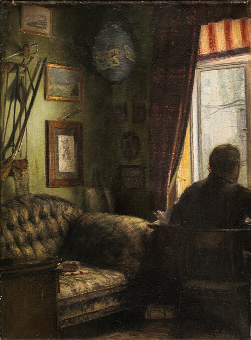 Interiør med rygvendt mand (angiveligt Brendekilde), 1881, Laurits Andersen Ring