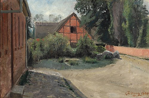 Gade i Vejlø. Til højre et stykke af kirkegårdsmuren; til venstre skolen; i baggrunden et udhus, 1884, Laurits Andersen Ring