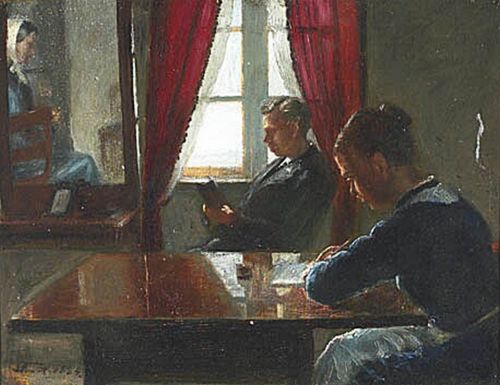 Interior with a man reading and a woman writing., 1884, Laurits Andersen Ring