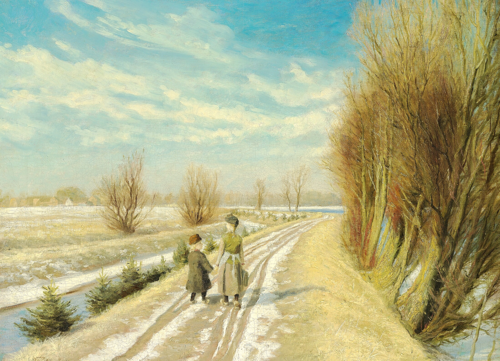 Two children walking along a road in the early spring., 1885, Laurits Andersen Ring