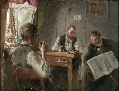 Interior from a shoemaker's home. A man is reading the paper Socialdemokraten for two others., 1885, Laurits Andersen Ring