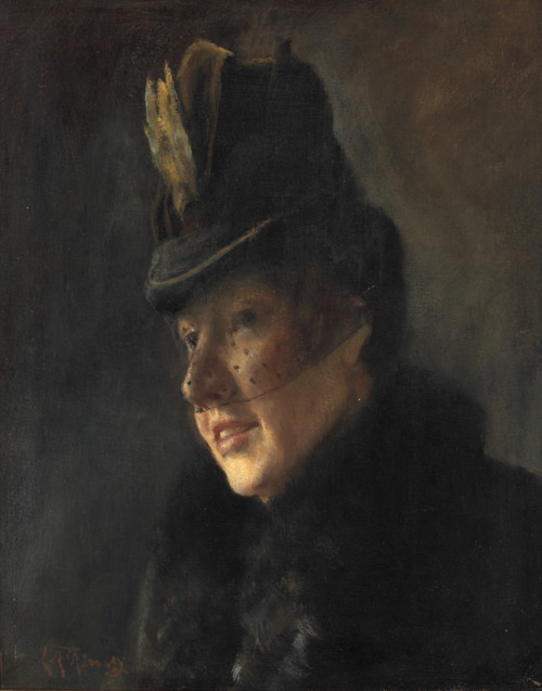 Portrait of a young woman in coat with fur collar and hat with veil, 1886, Laurits Andersen Ring