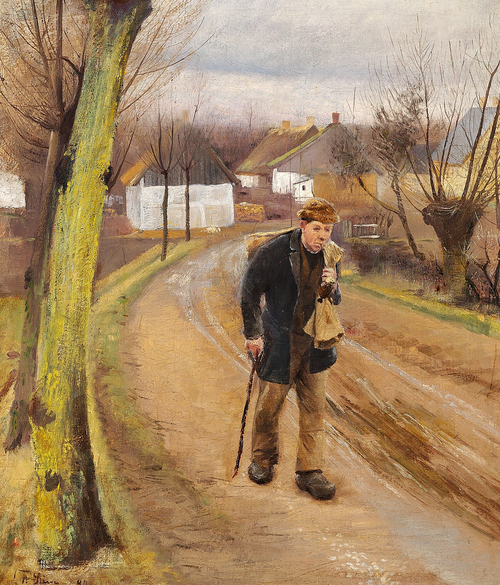 The road through the village of Ring. Grey autumn day. A man is carrying a sack., 1890, Laurits Andersen Ring