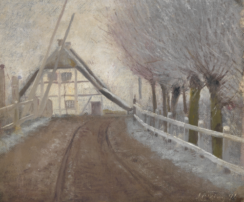 Jernbaneoverkørslen ved L. A. Rings barndomshjem i Ring. Rimtåge, 1890, Laurits Andersen Ring
