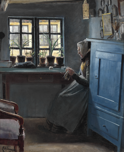 En gammel strikkende kone fra Lille Næstved, set fra venstre side, siddende ved vinduet i en stue, i, 1891, Laurits Andersen Ring