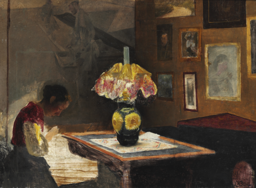 The artist's wife Sigrid sewing in the lamplight. Karrebæksminde, 1898, Laurits Andersen Ring