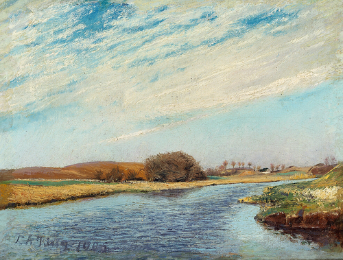 Susaaen ved Næstved. Til venstre Buske; noget tilbage et Hus og nogle Piletræer., 1905, Laurits Andersen Ring