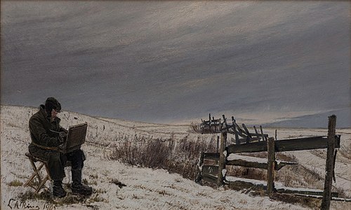 Snow landscape with the painter Aage Bertelsen at his work, 1905, Laurits Andersen Ring