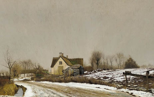 Winter landscape with snow. A highway opast a house in the centre of the picture., 1906, Laurits Andersen Ring