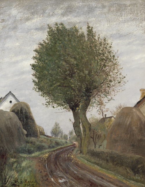 En vej mellem to gårde i Vadsby. Halmstakke udenfor gårdene. Tåget efterårsdag, 1907, Laurits Andersen Ring
