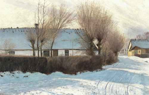 Snowcovered road in Baldersbrønde with strong shadows from a whitewashed, thatched house, 1908, Laurits Andersen Ring