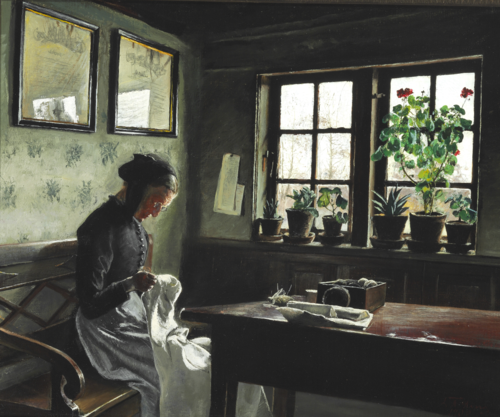 Interior with sewing woman, 1909, Laurits Andersen Ring