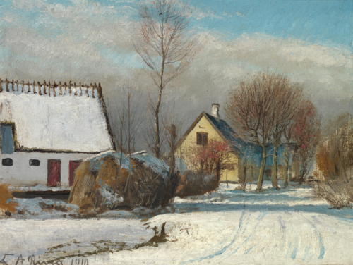 A sunny day. A snowy country road runs past houses on the left., 1910, Laurits Andersen Ring