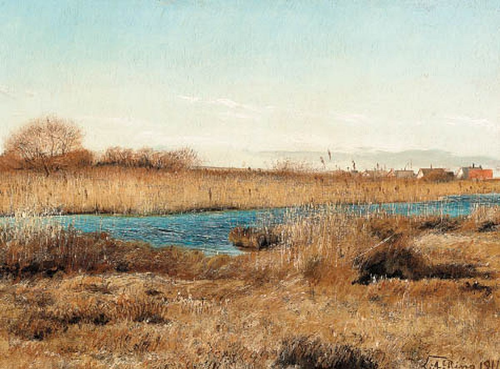 View of a moor in January. In the background to the right the town of Baldersbrønde., 1911, Laurits Andersen Ring