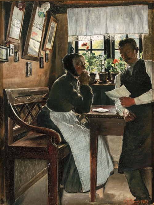 A son reading a letter to his mother., 1913, Laurits Andersen Ring