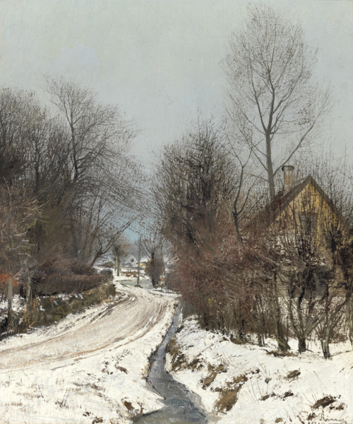 Vej gennem byen. Tøbrud. Baldersbrønde. Til højre en islagt grøft og et spinkelt træ, der når op omt, 1913, Laurits Andersen Ring