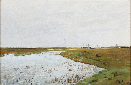 Flooded meadow on Enø. In the background Karrebæksminde harbour, 1919, Laurits Andersen Ring