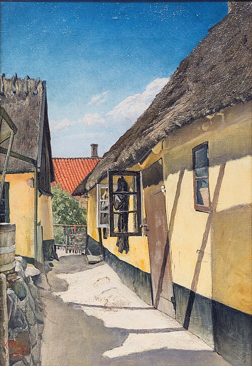En Gyde mellem  gulkalkede Huse, Skt. Jørgensbjerg, 1927, Laurits Andersen Ring