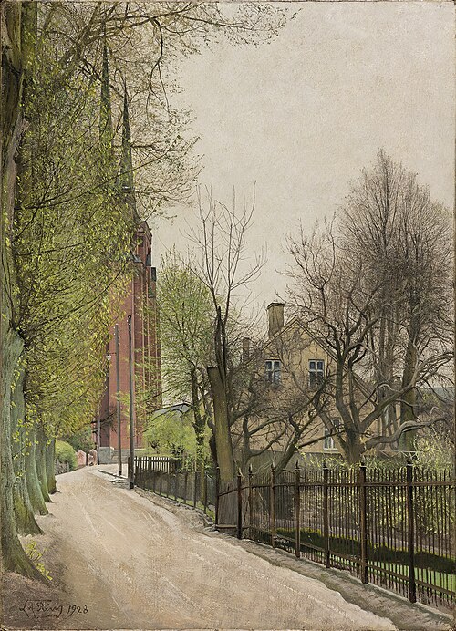 Roskilde Cathedral seen from the road to Fjordvilla., 1928, Laurits Andersen Ring