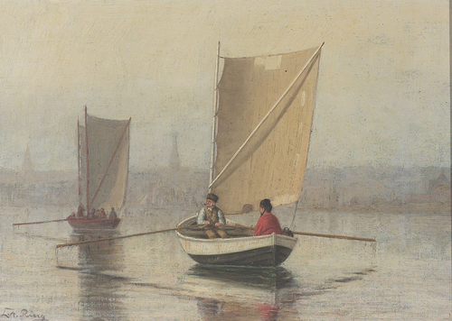 A foggy morning. Boats on their way from Thurø to Svendborg, Denmark., 1902, Laurits Andersen Ring