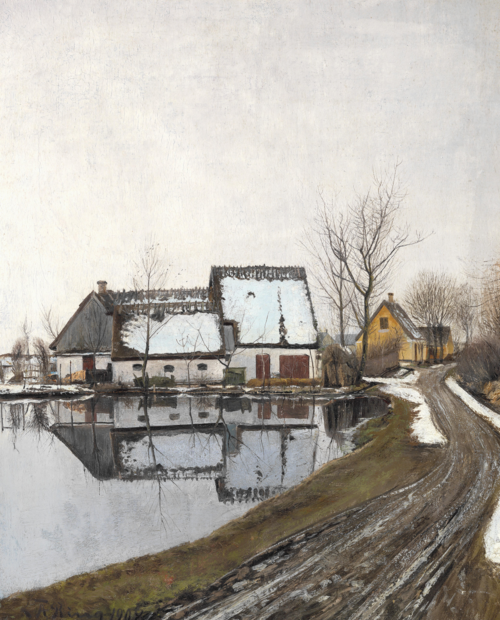 “Vinterdag med stille tøvejr. Husene spejler sig i gadekæret”. Baldersbrønde, 1908, Laurits Andersen Ring