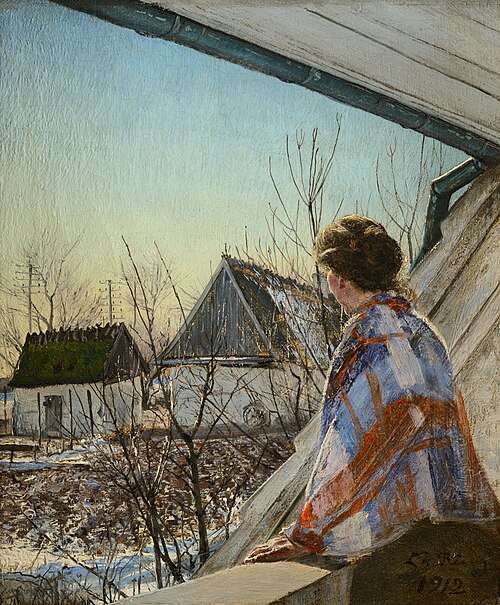 Fru  Sigrid  Ring siddende  paa et  Stenbalustre., 1912, Laurits Andersen Ring