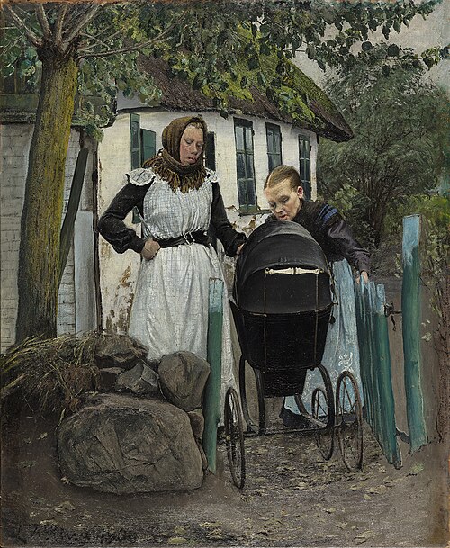 Uden for et bondehus. To kvinder med en barnevogn, 1906, Laurits Andersen Ring